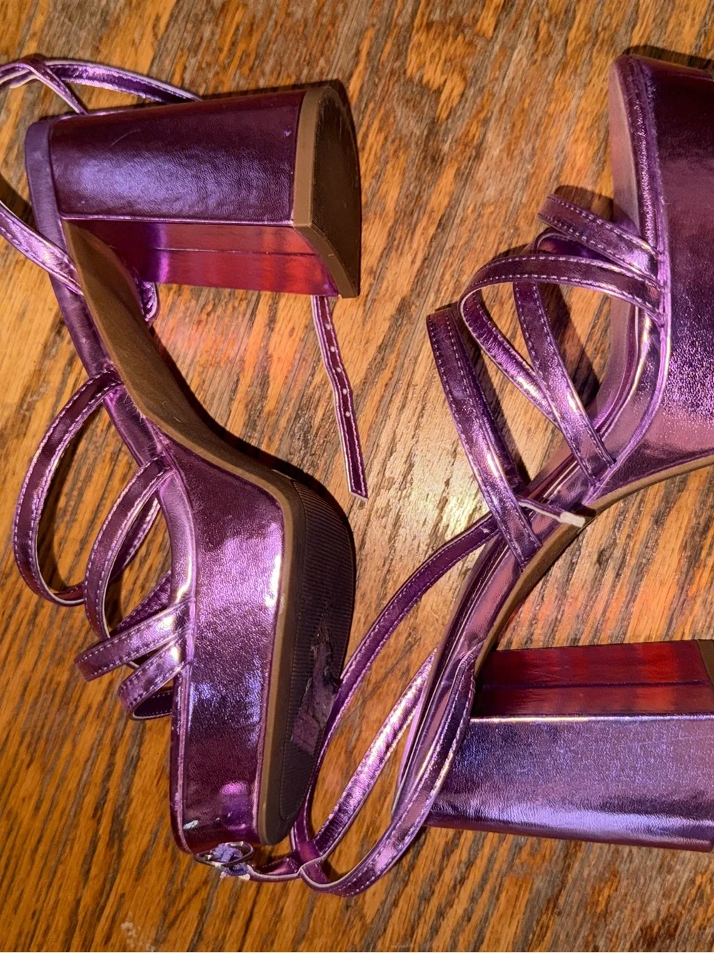 Fashion Nova Pink Purple Metallic Chunky Strappy Heel Shoes Platform Sabrina